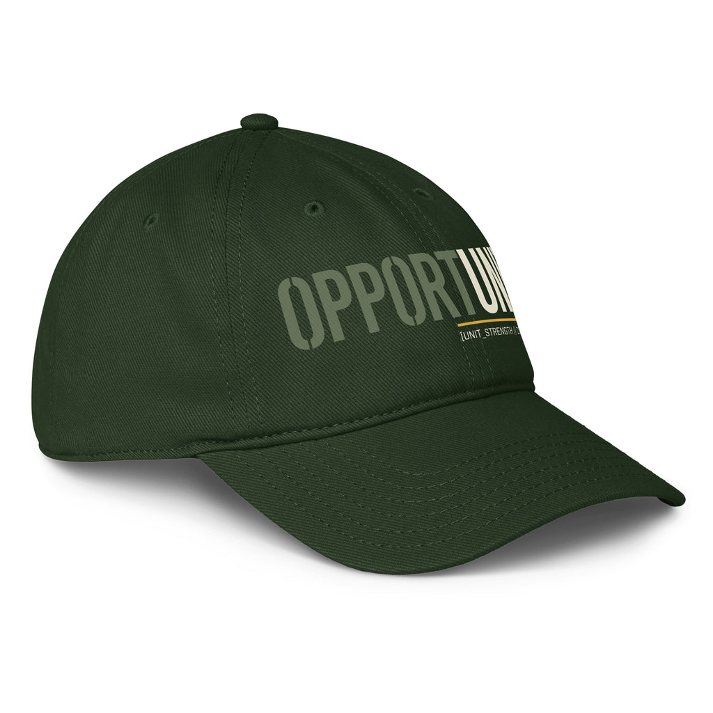 Dark green low-profile baseball cap angled view, partial 'OPPORTUNITY' print